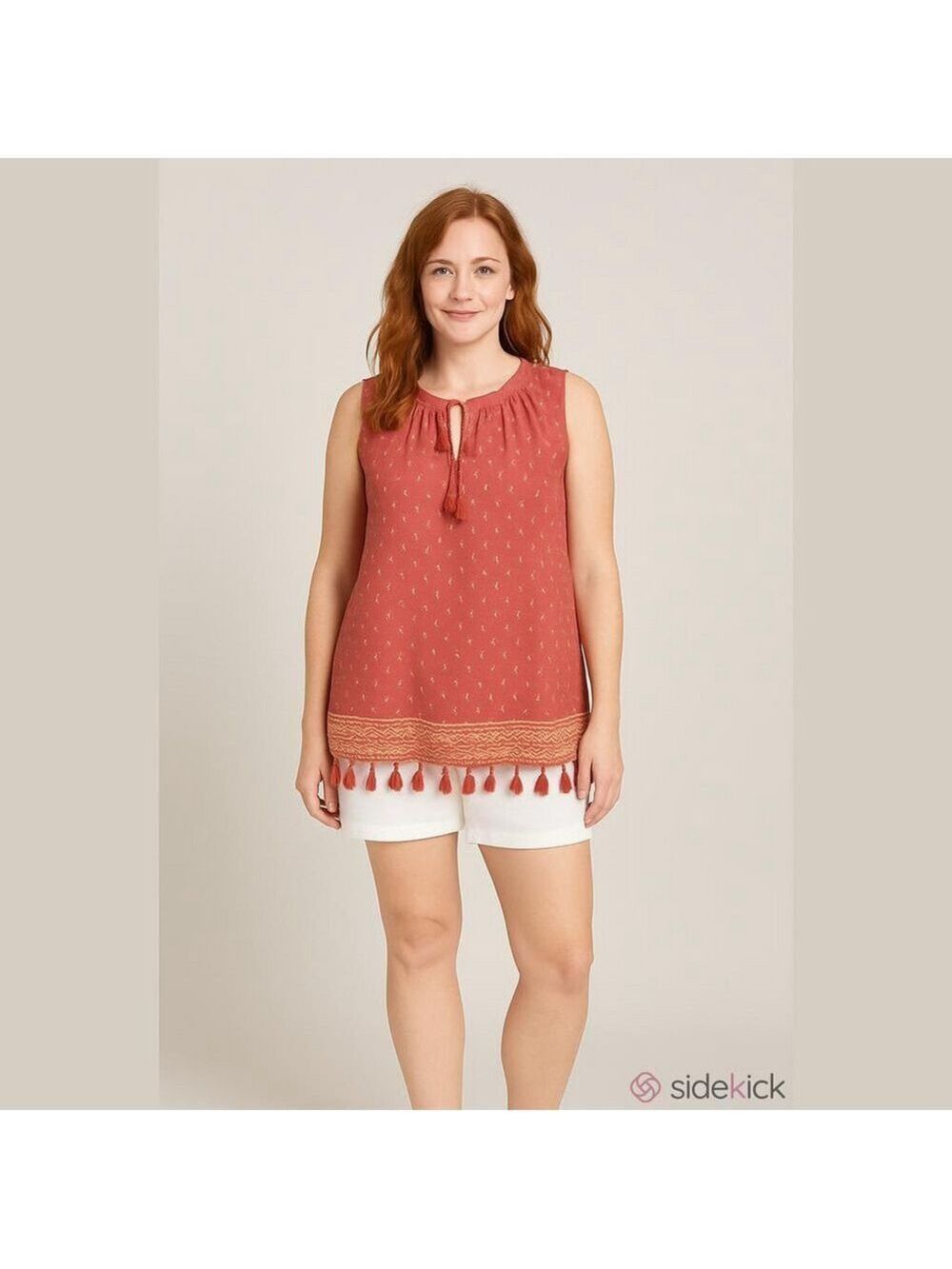 Falls Creek crew neck with tie keyhole front fringe detail Woman’s 2X